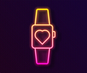 Fototapeta na wymiar Glowing neon line Smartwatch icon isolated on black background. Vector.