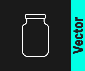 White line Glass jar with screw-cap icon isolated on black background. Vector.