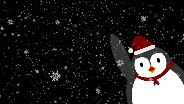 Cartoon animation cute penguin wearing christmas hat and waving Hand with snow falling in Alpha channel, transparent background.