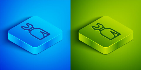 Isometric line Woman dress icon isolated on blue and green background. Clothes sign. Square button. Vector.