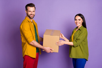 Profile photo pretty lady handsome guy express delivery service giving customer carton box package...
