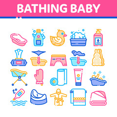 Bathing Baby Tool Collection Icons Set Vector. Towel And Bathrobe, Bath Thermometer And Towel, Paper Roll And Napkin, Cream And Shampoo Concept Linear Pictograms. Color Illustrations