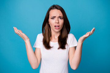 WTF. Photo of attractive pretty angry mad lady bad mood raise arms uncomfortable situation...