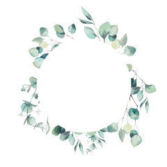 Watercolor greenery branches frame. Hand painted floral template: round eucalyptus frame isolated on white background.