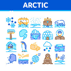 Fototapeta na wymiar Arctic And Antarctic Collection Icons Set Vector. Arctic Snow And Ice, Iceberg And Bear, Station And Ship, Penguin And Walrus Concept Linear Pictograms. Color Illustrations