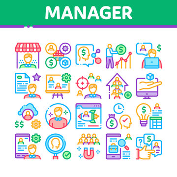 Account Manager Work Collection Icons Set Vector. Manager Businessman Idea For Sale Production And Marketing, Communication And Leadership Concept Linear Pictograms. Color Illustrations