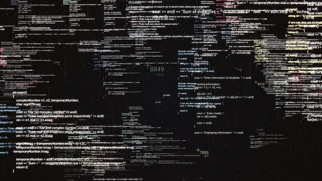 Abstract digital data processing on black background, seamless loop. Animation. Digitally generated global information or application code, fast running lines.