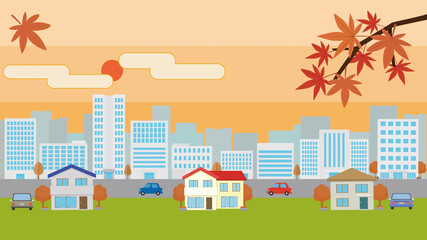 夕暮れの住宅街　街並み　イラスト