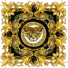 Silk scarf with leopard and damask ornament. luxury shawl design. gold lace watercolor hand drawn textile background.