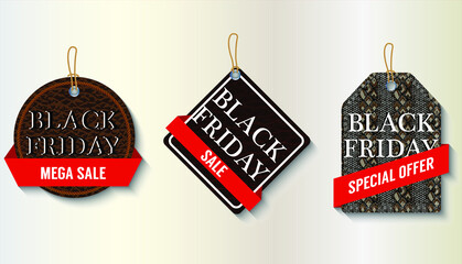Vector concept Black Friday set of leather sale labels with red ribbons