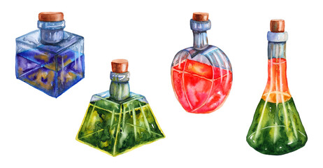Watercolor set of healing magic potions and poisons in glass bottles, vials isolated on a white background. Stock hand-drawn illustration with witch drinks for Halloween card