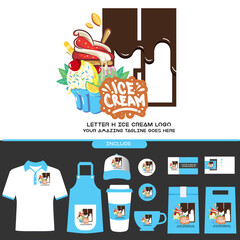 Letter H Delicious Chocolate Ice Cream Cup Logo on White Background for Ice Cream Shop with Brand Identity Include Shirt. Apron. Hat. Cup. Pin. Glass. Business Card. Paper Bag
