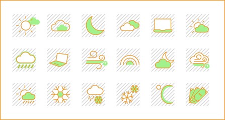 Set of Weather vector line icons. Contains symbols of the sun, clouds, snowflakes, wind, rainbow, moon and much more. Editable Stroke. 32x32 pixels.