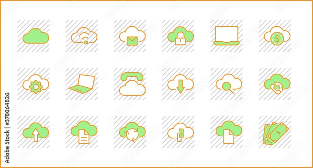 Poster set of cloud vector line icon. it contains symbols to upload, download, link and more. editable stro