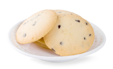 Chocolate chip cookie in plate isolated on white background