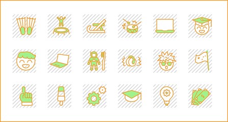 International World Day of Children's Inventions Set Line Vector Icon. Contains such Icons as Toothbrush astronauts, Trampoline, Flippers, Frozen juice, earmuffs. Editable Stroke. 32x32 Pixel Perfect