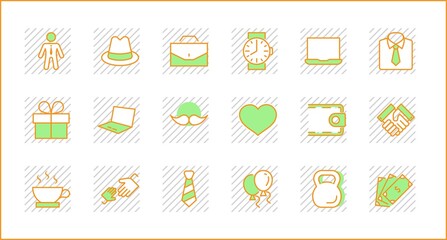 Father's Day Set Line Vector Icons. Contains such Icons as Mustache, tie, shirt, handshake, diplomat, hat, coffee, purse, gift, portfolio and more. Editable Stroke. 32x32 Pixel Perfect