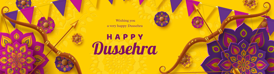Happy Dussehra banner. Bow and arrow with purple rangoli. Hindu Navratri festival, Vijayadashami holiday. Vector illustration.