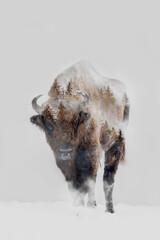 Double exposure of a bison and foggy forest.  © belyaaa