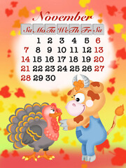 calendar with a symbol of year a bull of November