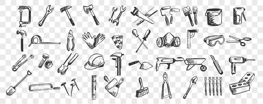 Repairs doodle set. Collection of hand drawn patterns sketches templates of working tools and instruments screwdriver drill spatula on transparent background. Maintenance equipment illustration.