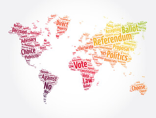 Fototapeta na wymiar Referendum word cloud in shape of world map, concept background