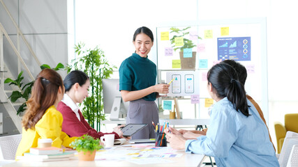 Brainstorm planing creative asian teamwork, Group of asia mobile phone app developer team meeting for ideas about screen display prototype smartphone layout, ux startup small business, top view © mangpor2004