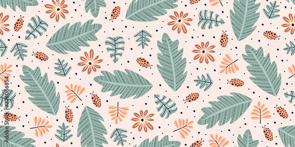 Poster hand drawn of abstract floral pattern. seamless abstract flowers pattern. abstract leafs pattern iso