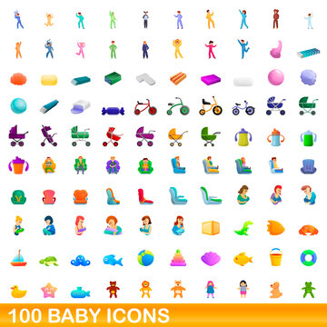 100 baby icons set. Cartoon illustration of 100 baby icons vector set isolated on white background