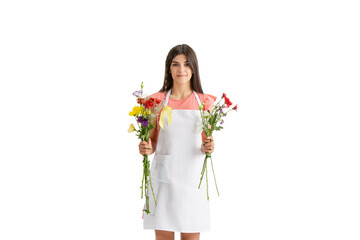 Best gift. Young beautiful woman, florist with colorful fresh bouquet isolated on white studio background. Caucasian woman, art modern worker. Finance, economy, professional occupation.