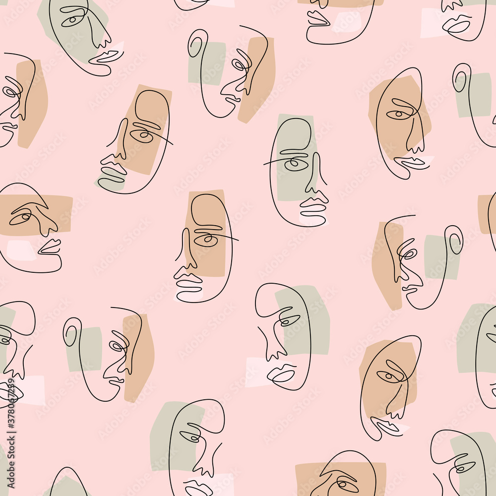 Poster continuous line drawing of abstract face. seamless pattern of face abstract isolated on pink backgro