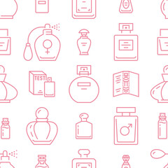 Perfume bottles seamless pattern with line icons. Vector background illustration, pink white icon - glass sprayer, luxury parfum sampler, essential oil, cologne wallpaper for cosmetic store