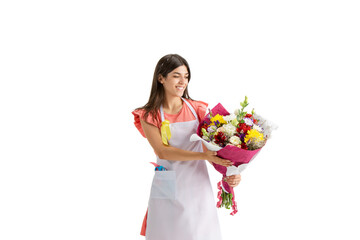 Preparing gift. Young beautiful woman, florist with colorful fresh bouquet isolated on white studio background. Caucasian woman, art modern worker. Finance, economy, professional occupation.