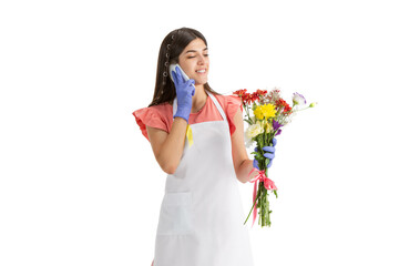 Talking phone. Young beautiful woman, florist with colorful fresh bouquet isolated on white studio background. Caucasian woman, art modern worker. Finance, economy, professional occupation.