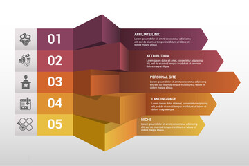 Infographic Affiliate Marketing template. Icons in different colors. Include Affiliate Link, Attribution, Authority Site, Landing Page and others.