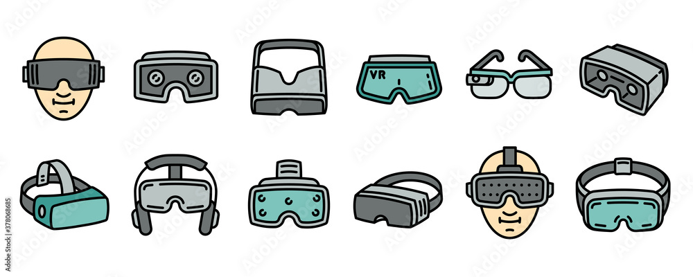Poster game goggles icons set. outline set of game goggles vector icons for web design isolated on white ba