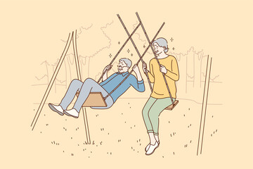 Rest, couple, love, date relaxation concept. Old people grandfather grandmother husban wife pensioners senior citizes man woman swinging relaxing together in park. Active joint lifestyle illustration.