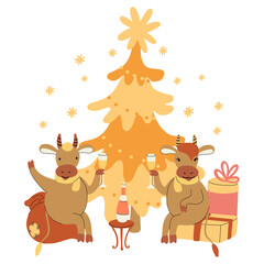 New Year or Christmas card with gift boxes, christmas tree and cute cheerful bulls drinking champagne. Year of ox 2021. Hand drawn lettering. Vector illustration isolated on white background