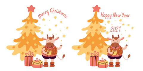 New Year and Christmas greeting cards with gift boxes, christmas tree and cute cheerful bull holding mug of tea. Year of ox 2021. Hand drawn lettering. Vector illustration isolated on white background