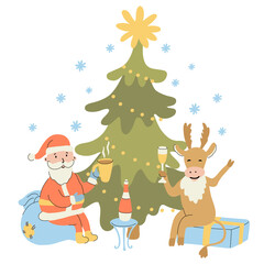 Christmas greeting card with a cute cheerful Santa holding a mug of tea and a joyful deer drinking champagne. They sit on the gifts near a beautiful fir-tree. Vector illustration isolated on white.