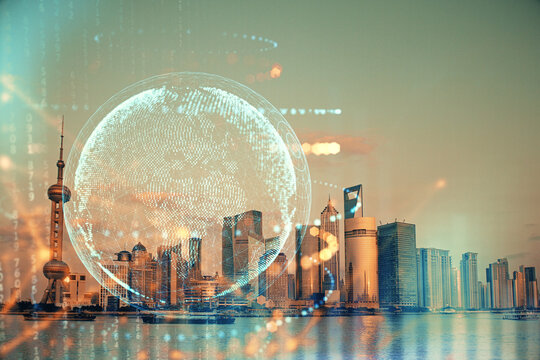 Map and data theme hologram on city view with skyscrapers background double exposure. International technology in business concept.