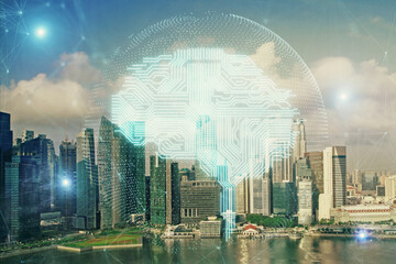 Brain hologram drawing on cityscape background multi exposure. Ai in modern city concept.