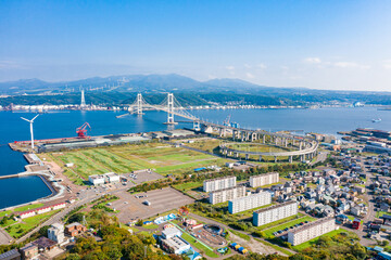 空撮  白鳥大橋の全景  北海道室蘭市