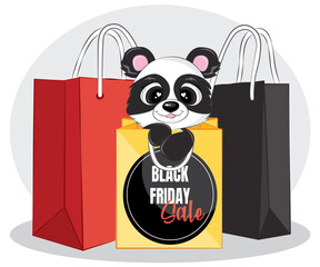 Black friday sale banner with black panda and shopping bag