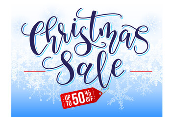 Christmas sale calligraphy - Advertising poster for the store. Discounts up to 50 percent. Lettering and snow decoration for flyers, poster, web, banner, and card vector illustration