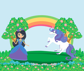 Card with a cute unicorn, rainbow and sweet princess