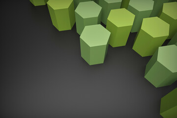 3D render, green hexagonal paper shapes arranged on a dark grey background