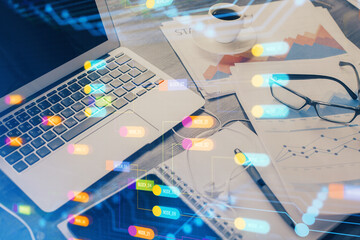 Double exposure of table with computer on background and data theme drawing. Concept of innovation.