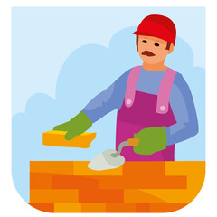 cartoon illustration, construction worker bricklayer in hard hat lays a wall of red bricks, vector illustration,