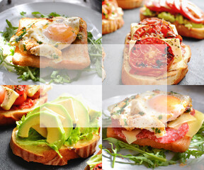 Collage of various food. Bruschetta with avocado and tomatoes. Toast with cheese, egg and rucola. Collage of various breakfasts. Free space for text.